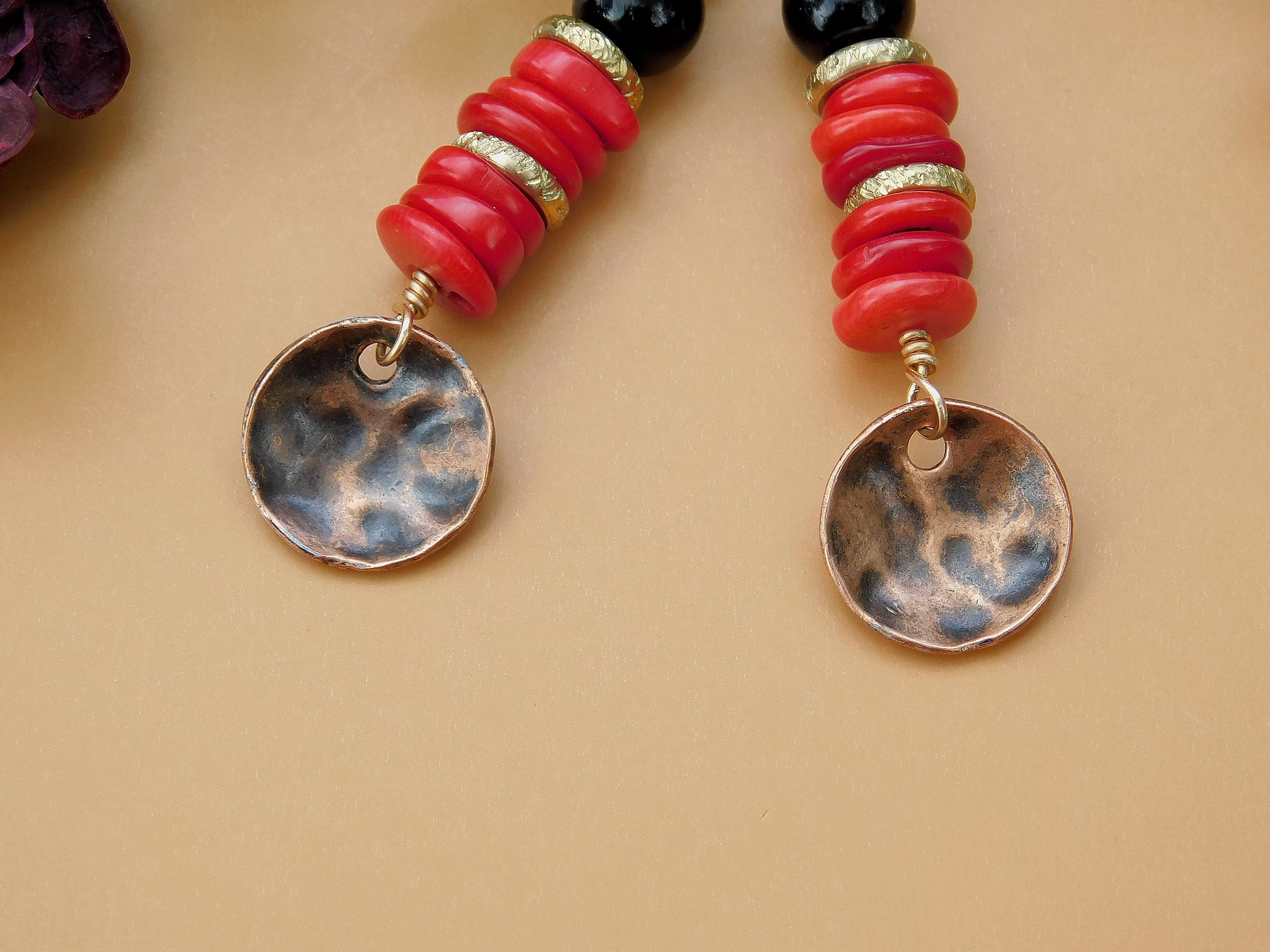 Red Magnesite and Black Onyx Copper Disc Earrings