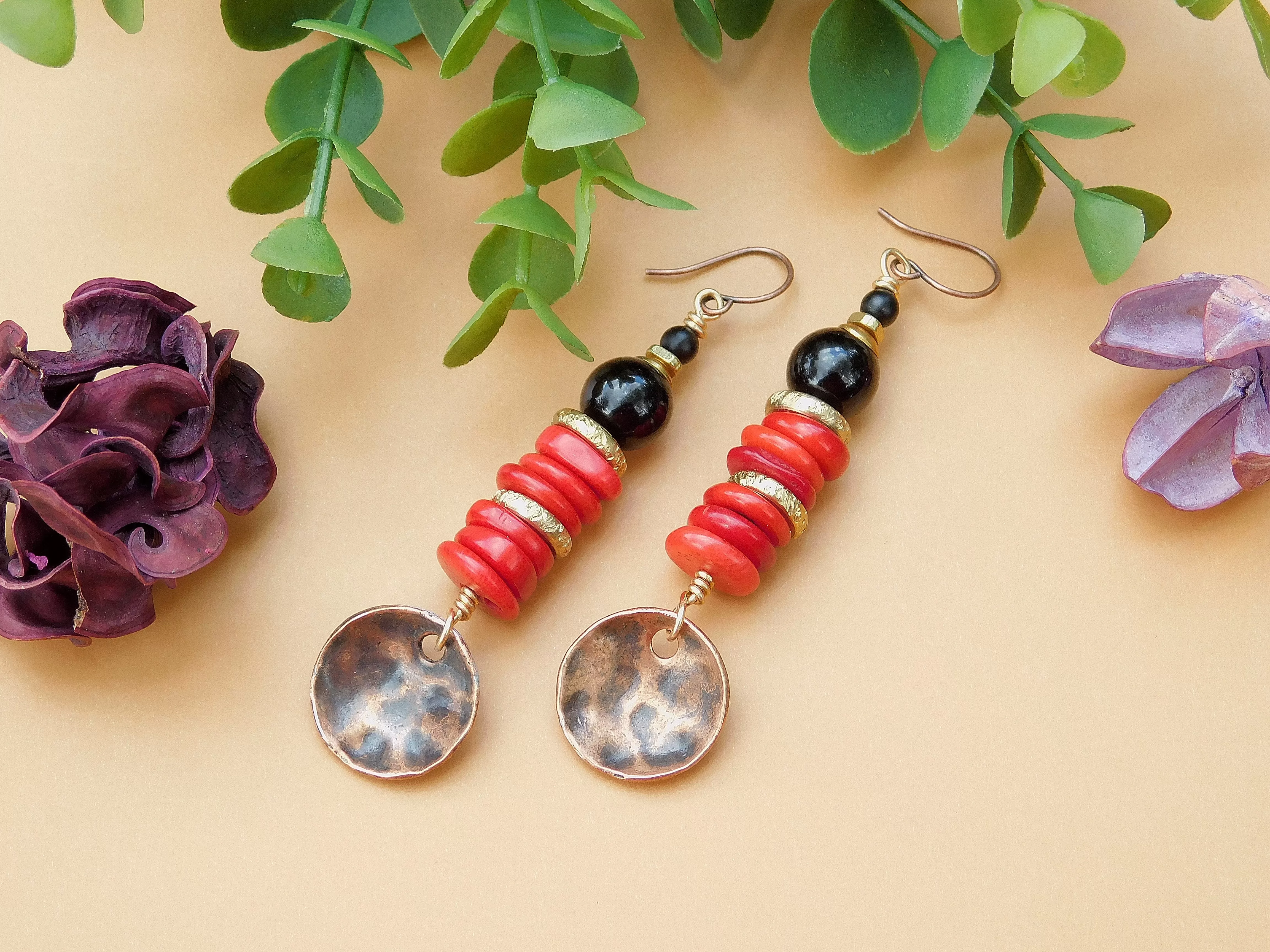 Red Magnesite and Black Onyx Copper Disc Earrings