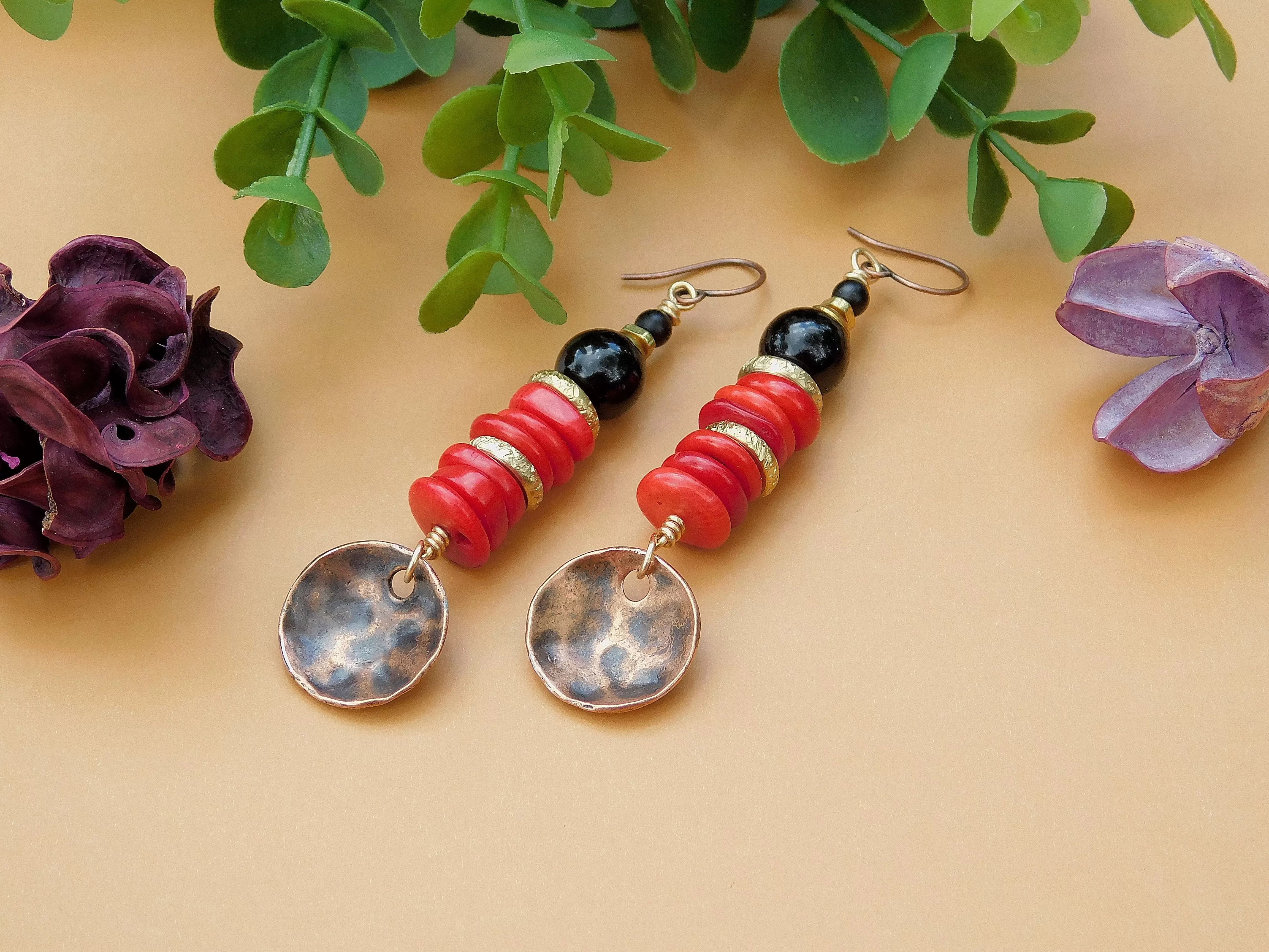 Red Magnesite and Black Onyx Copper Disc Earrings