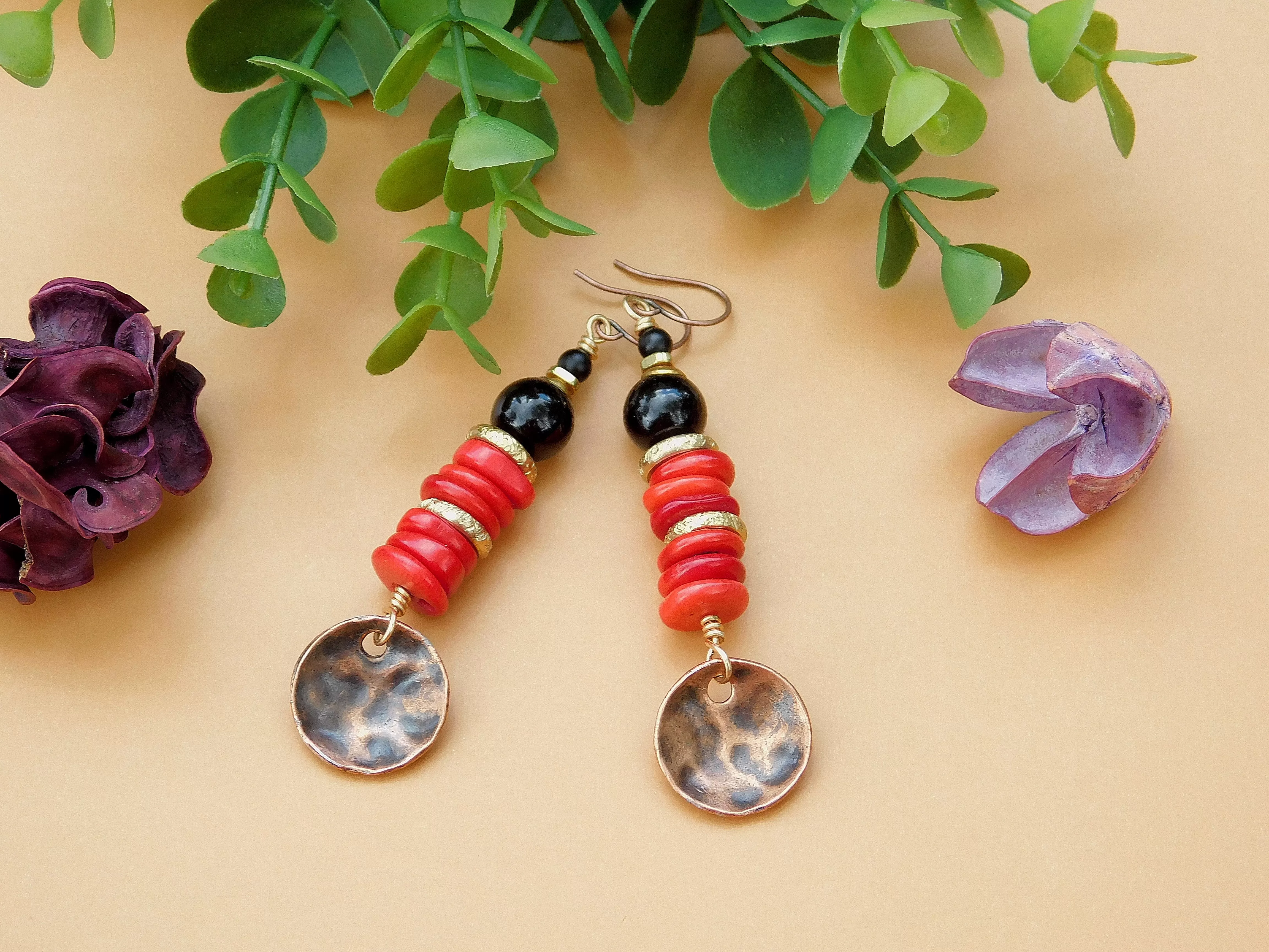 Red Magnesite and Black Onyx Copper Disc Earrings