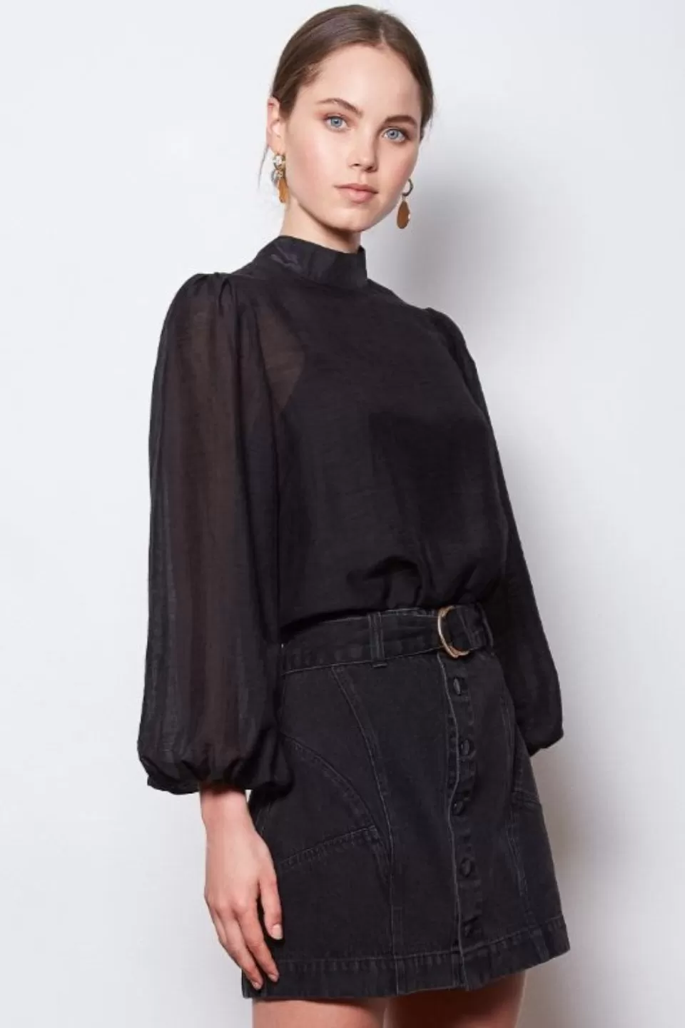 Rendezvous Sheer High Neck Balloon Sleeve Black Blouse