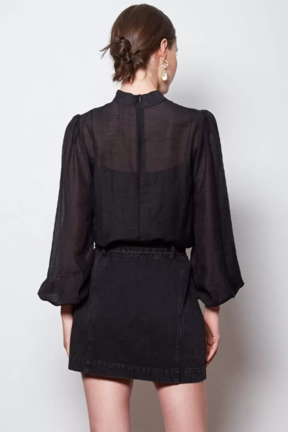 Rendezvous Sheer High Neck Balloon Sleeve Black Blouse