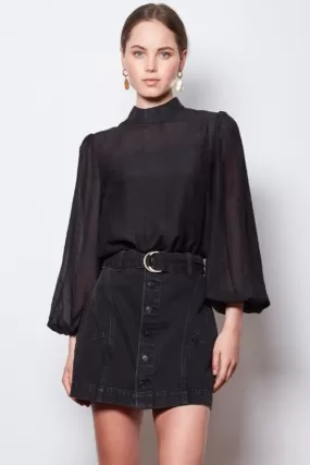 Rendezvous Sheer High Neck Balloon Sleeve Black Blouse