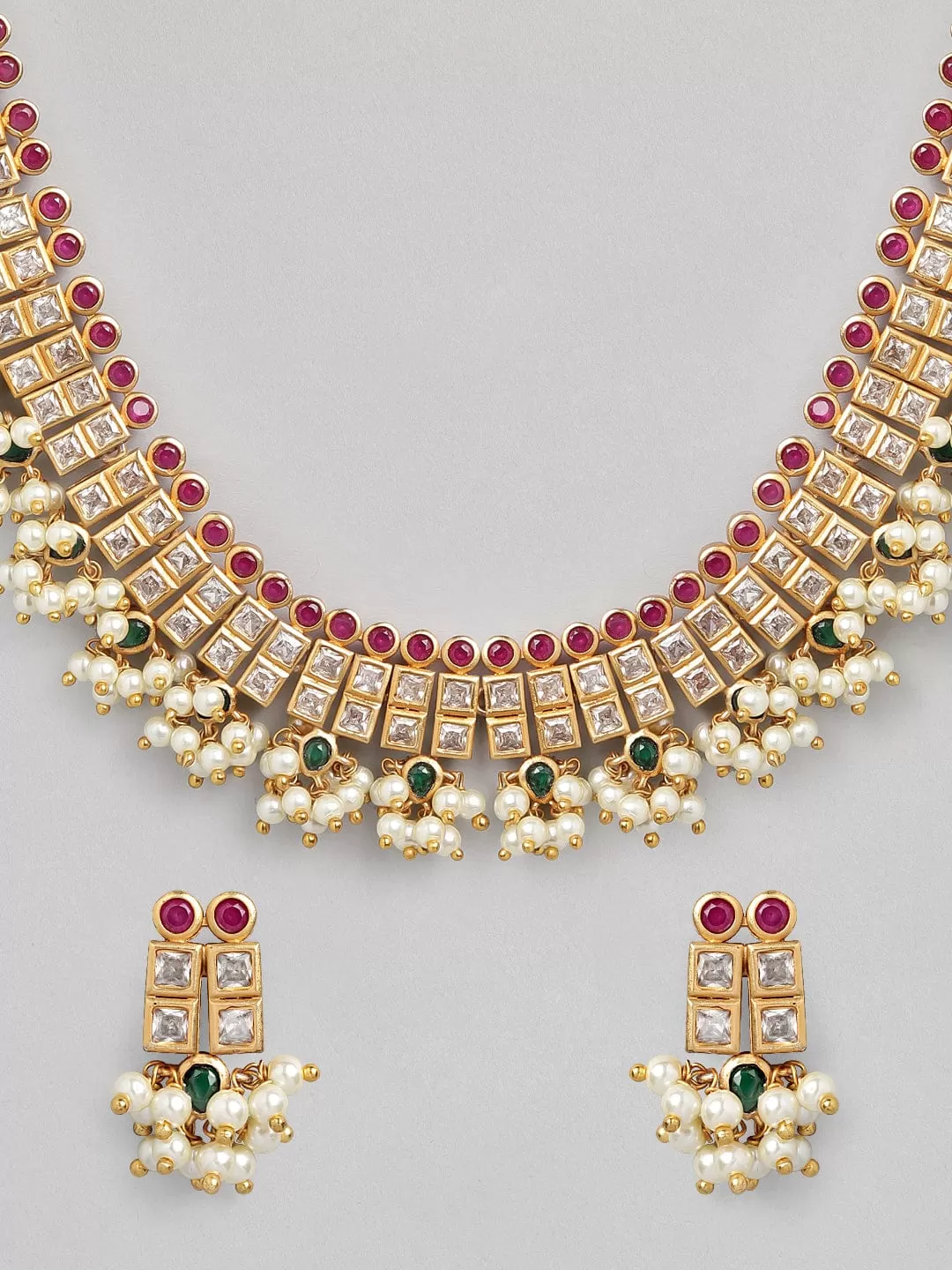 Rubans 24K Gold Plated Handcrafted Ruby Stone with Pearls Necklace Set