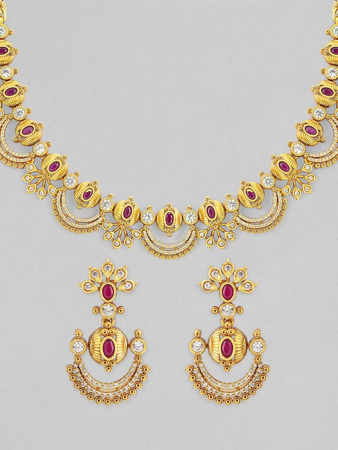 Rubans 24K Gold Plated Handcrafted Zircon Studded Temple Necklace Set