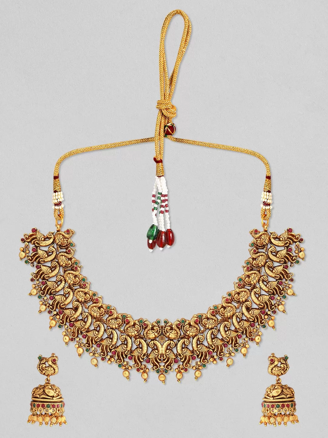 Rubans 24k Gold-Plated Traditional Red & Green Stone Studded Jewellery Set