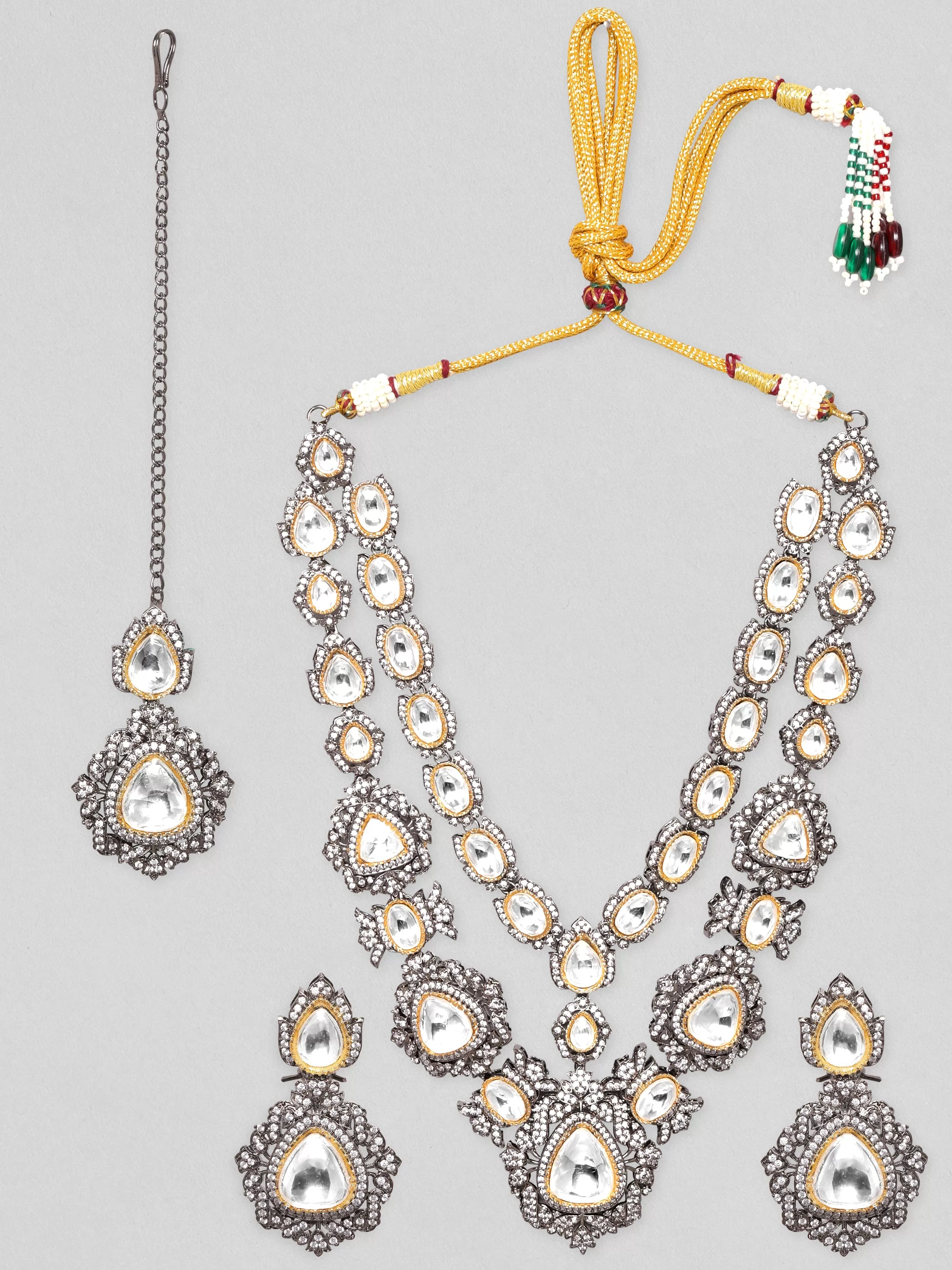 Rubans Antique Gold Plated Brilliant Cut Zirconia & Kundan Double Layer Vintage Royal Necklace Set