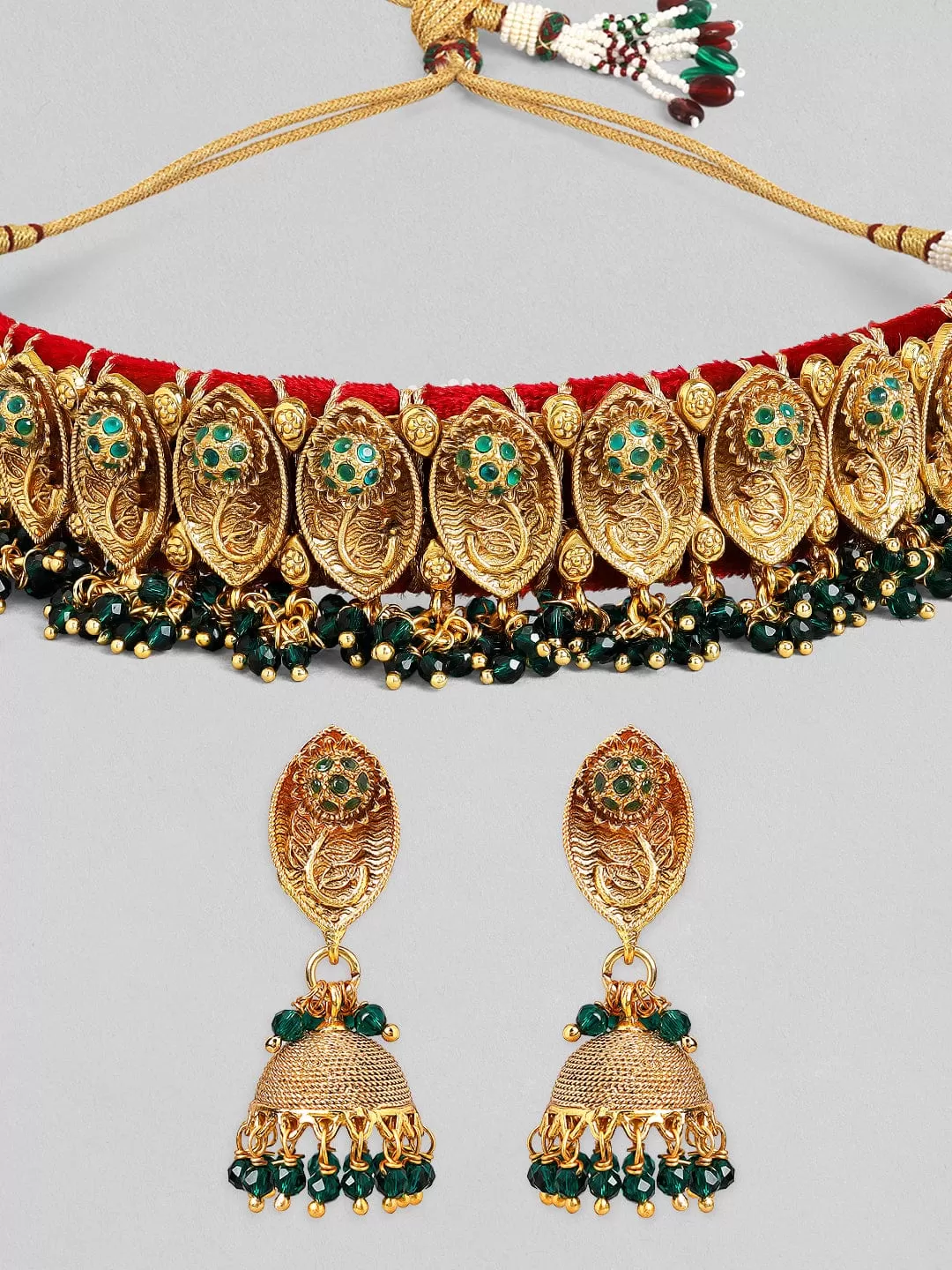 Rubans Gold Plated Handcrafted Green Stone Studded Beaded Floral Choker Set.