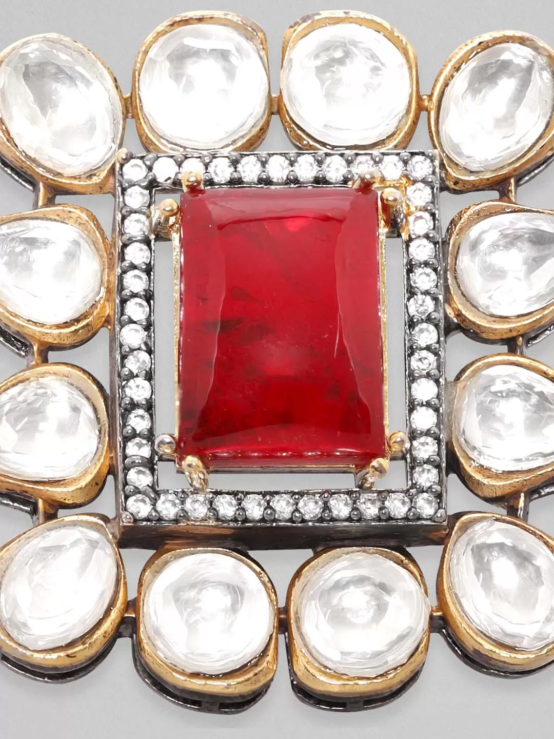 Rubans Gold Plated Zirconia & Ruby Red Doublet Kundan Ring