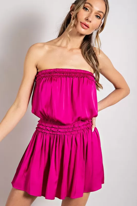 Ruffle Detail  Strapless Romper - Hot Pink