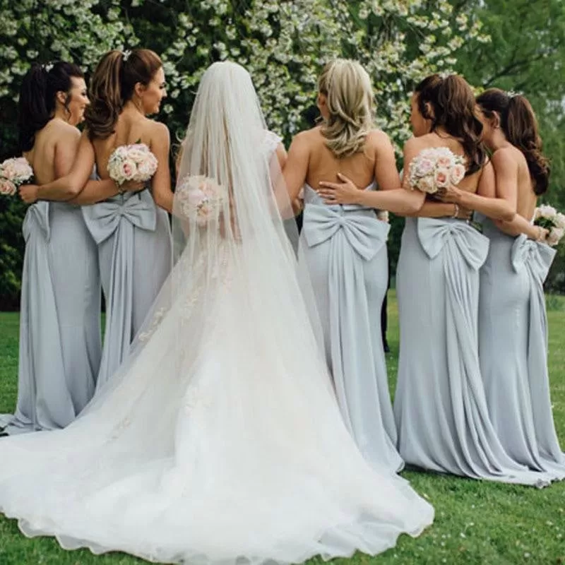 Silver Gray Strapless Cheap Long Bridesmaid Dress