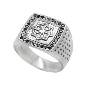 Slavic Pagan Witchcraft Amulet Molvinets Mens Ring Silver 925 Black Zircons