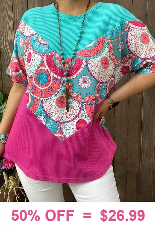 S,M,L, XL, 2X, 3X Turquoise, Pink, color block waffle knit top