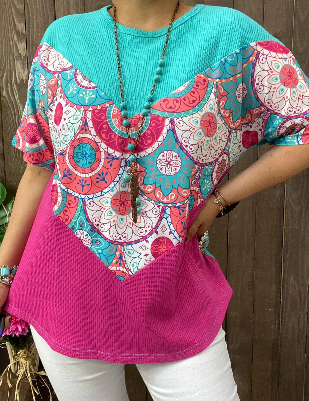 S,M,L, XL, 2X, 3X Turquoise, Pink, color block waffle knit top