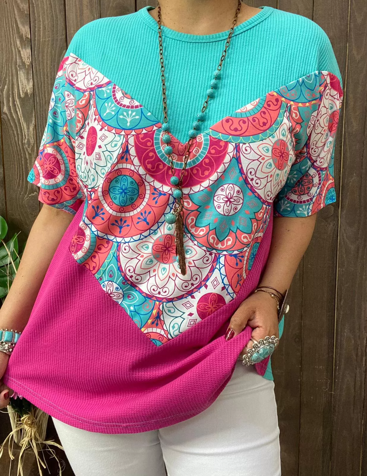 S,M,L, XL, 2X, 3X Turquoise, Pink, color block waffle knit top