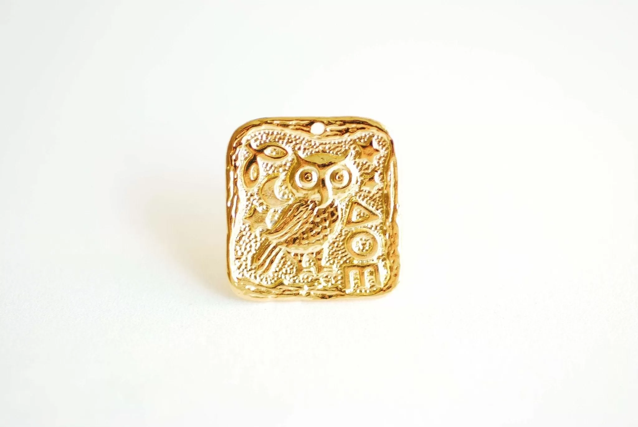 Square Owl Medallion Coin Pendant- Vermeil 18k Gold plated 925 Sterling Silver, Delta Omicron Epsilon, Greek Spanish Coin, Ancient Coin, 481