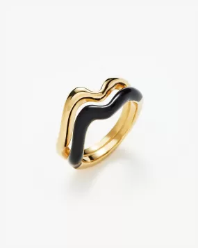 Squiggle Curve Two Tone Enamel Stacking Ring | 18ct Gold Plated Vermeil/Black