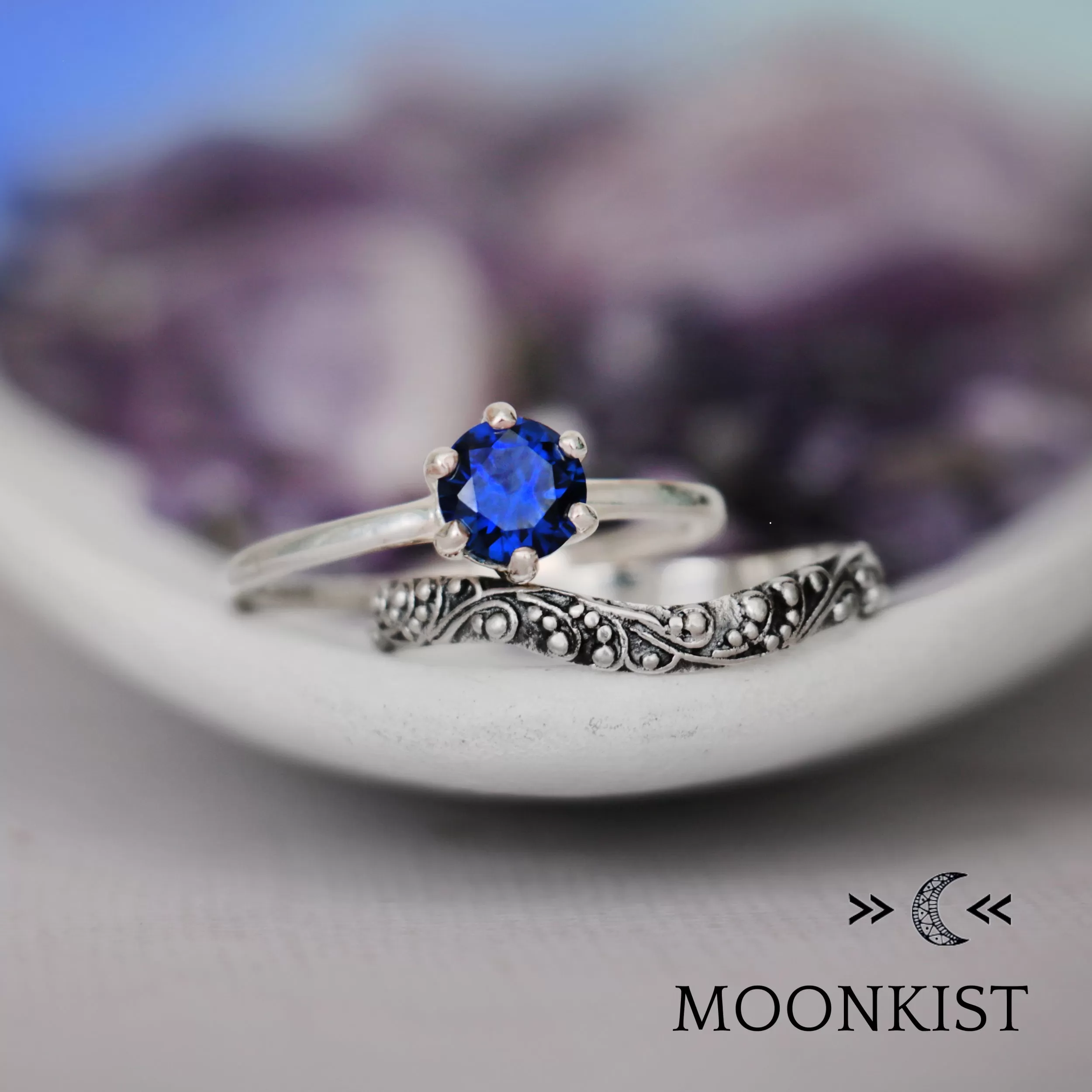 Sterling Silver Retro Engagement Ring Set | Moonkist Designs