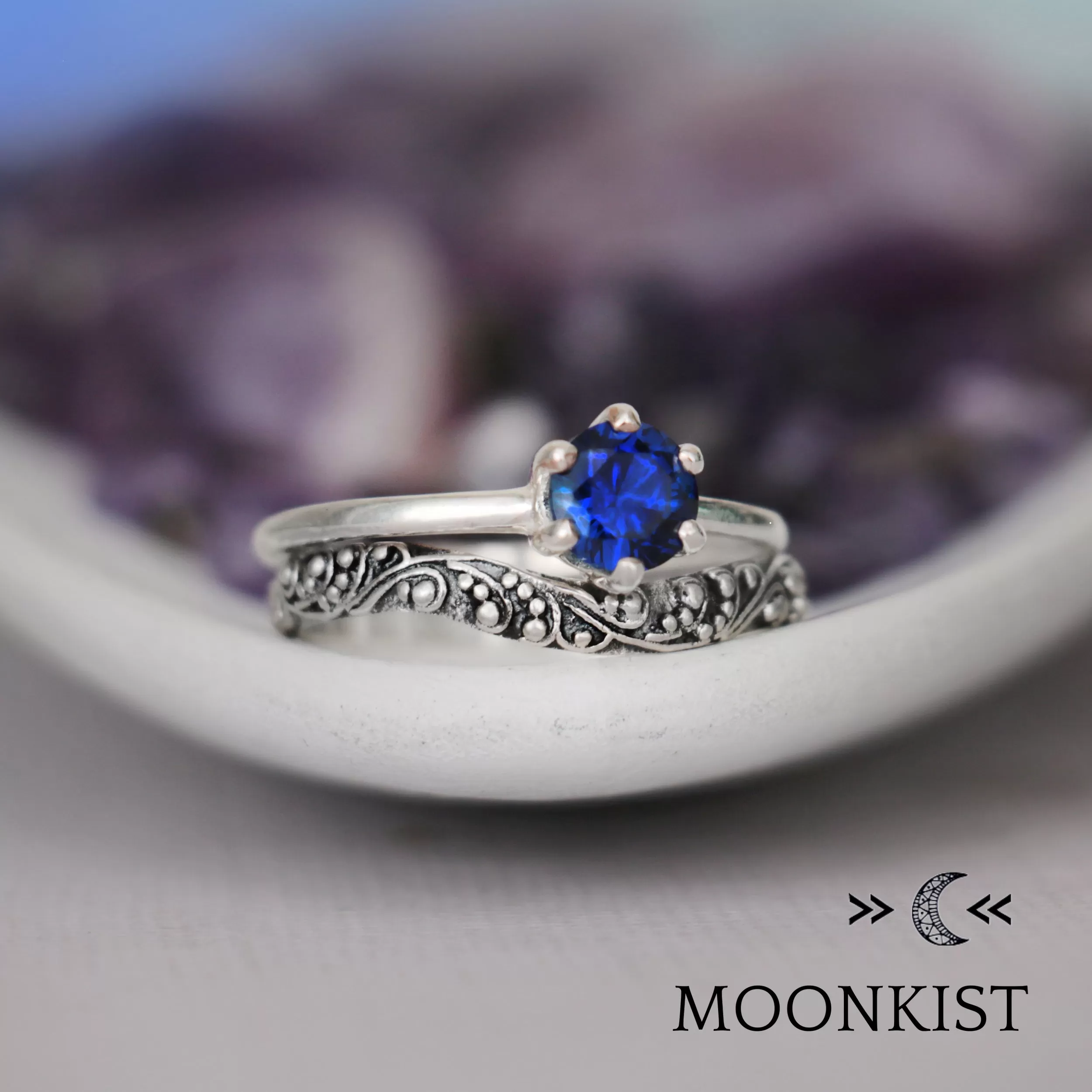 Sterling Silver Retro Engagement Ring Set | Moonkist Designs