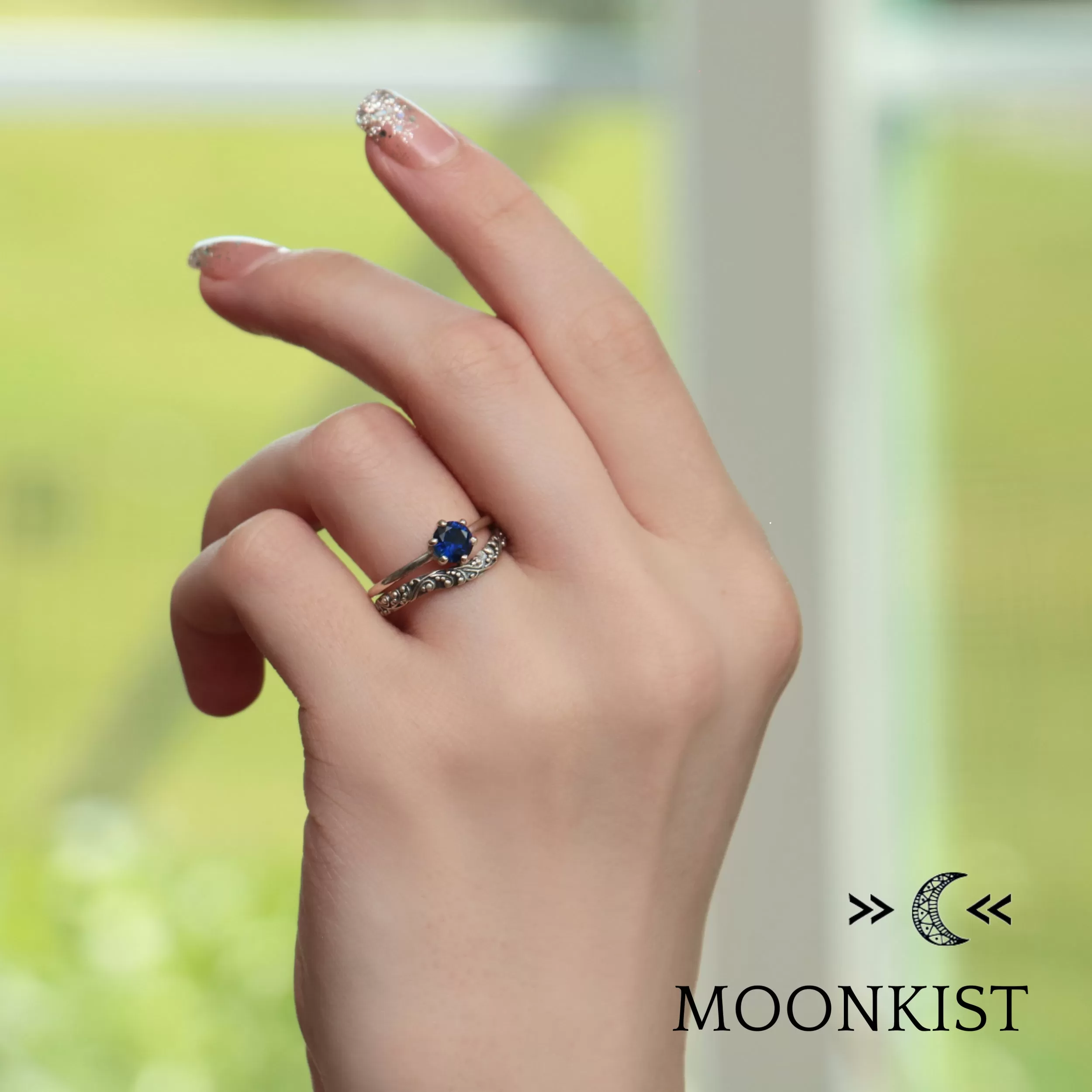 Sterling Silver Retro Engagement Ring Set | Moonkist Designs