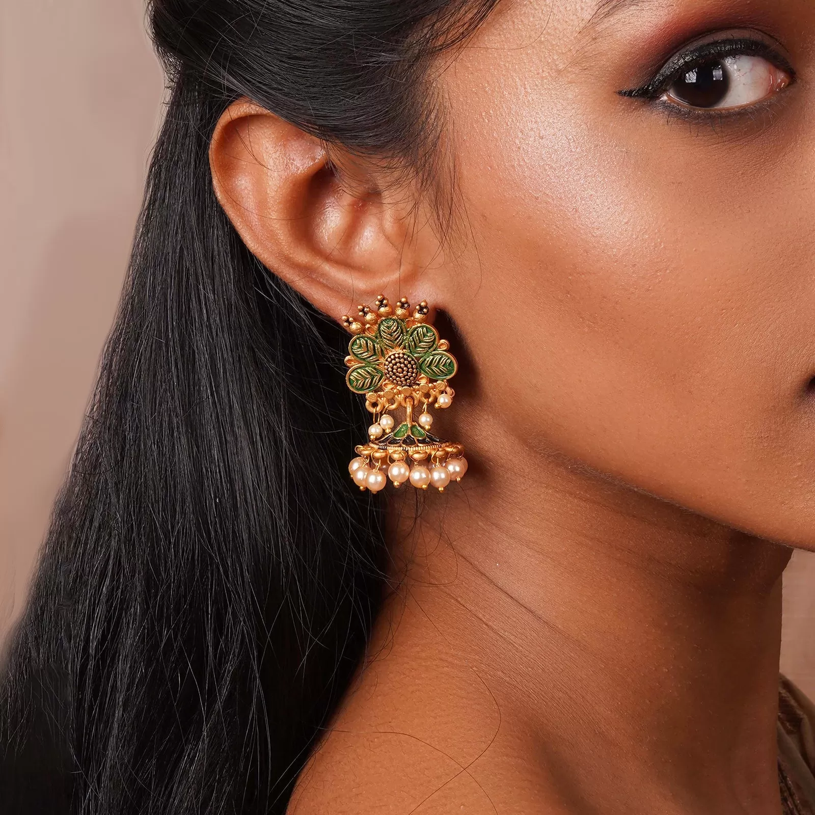 Teejh Shaila Dark Green Gold Enamel Earrings