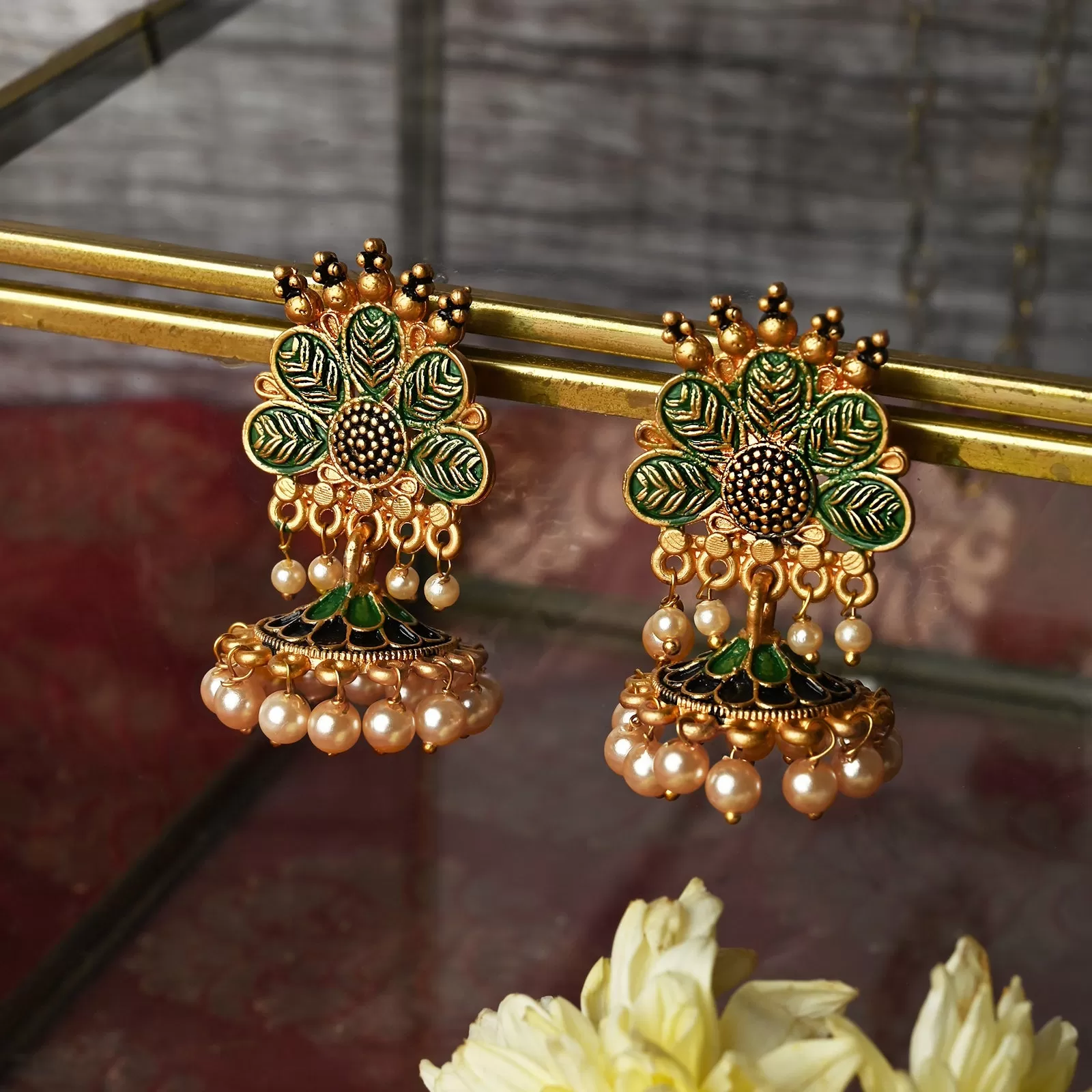 Teejh Shaila Dark Green Gold Enamel Earrings