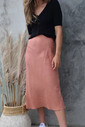 Utopia Bias Brick Linen Midi Skirt with Self Buttons