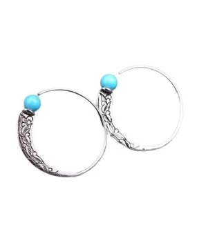 Vintage Thai Silver Turquoise Pattern Big Hoop Earrings