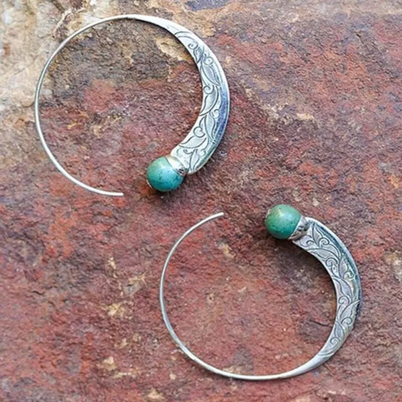 Vintage Thai Silver Turquoise Pattern Big Hoop Earrings