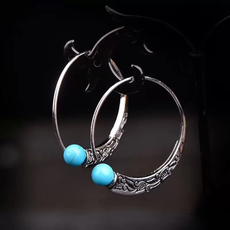 Vintage Thai Silver Turquoise Pattern Big Hoop Earrings