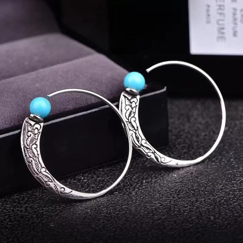 Vintage Thai Silver Turquoise Pattern Big Hoop Earrings