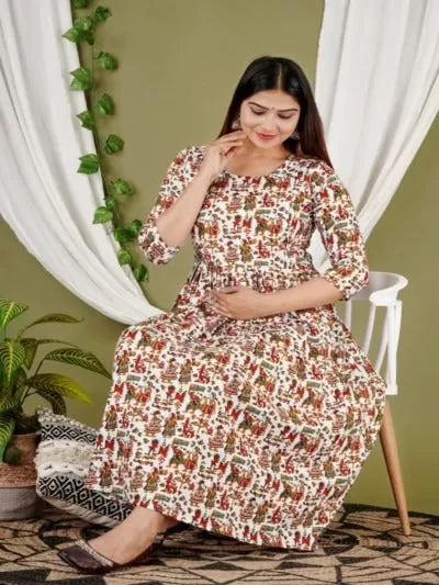 White Jaipuri Print Cotton Maternity Dress Gown