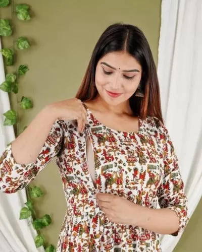 White Jaipuri Print Cotton Maternity Dress Gown