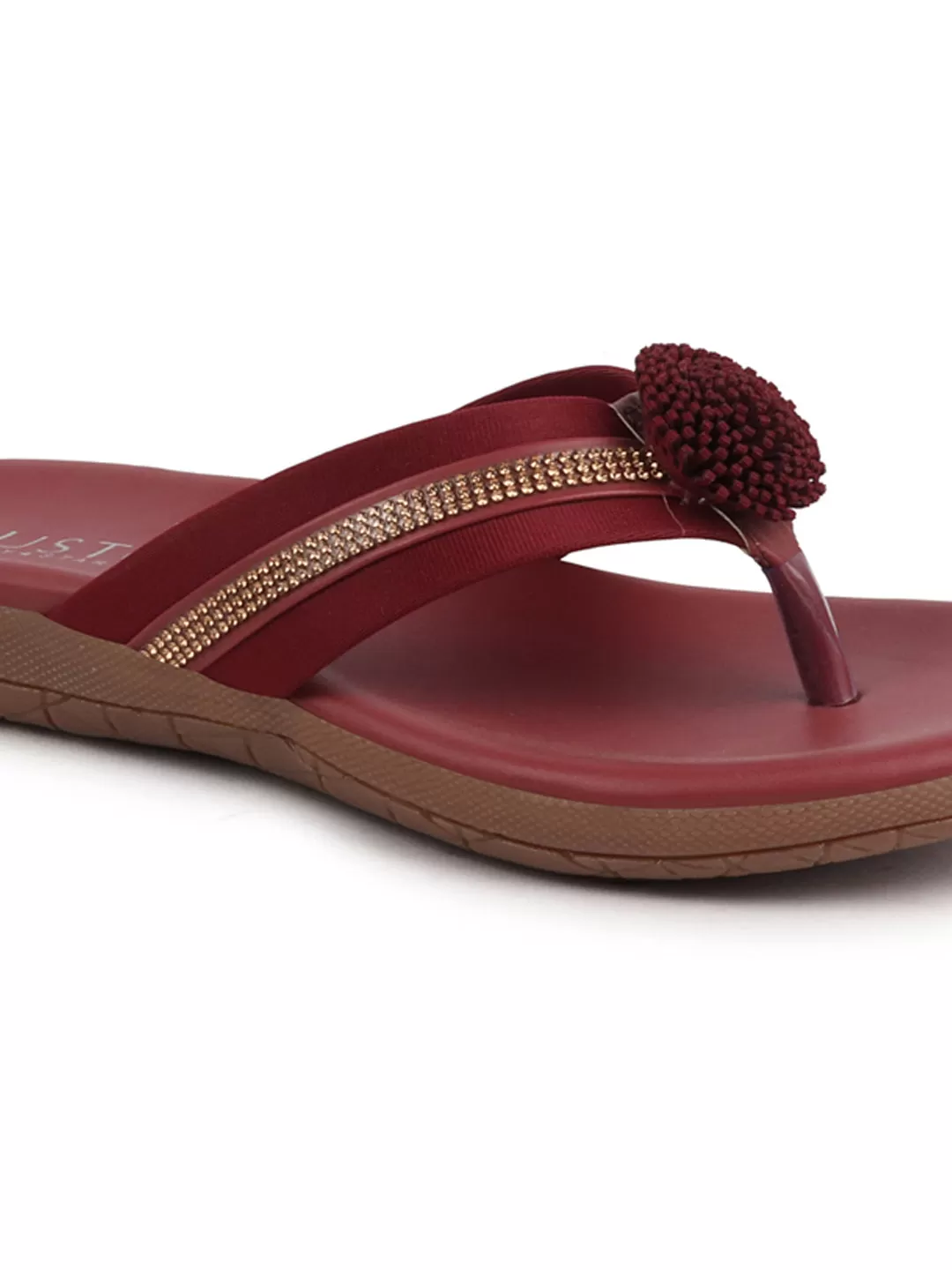 Women Cherry Shiny Beads T-Strap Slipper With Cushioned Footbed|Party|Office Wear|Weekend