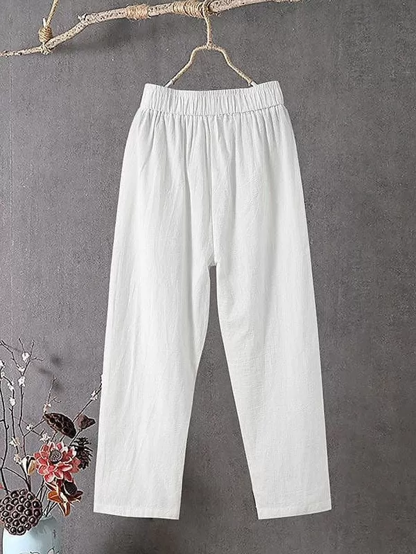 Women's High Waist Linen Cropped Pants with Side Pockets - Black/White - S M